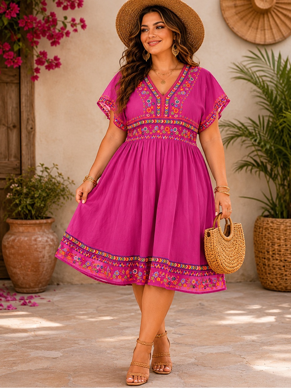 Savanna Jane Embroidered Boho Dress Medium | Fuchsia Pink Festival Style